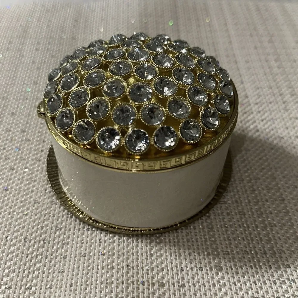 Ceramic Ivory Round Small Jeweled Rhinestone Gold Tone Keepsake Jewelry Box
